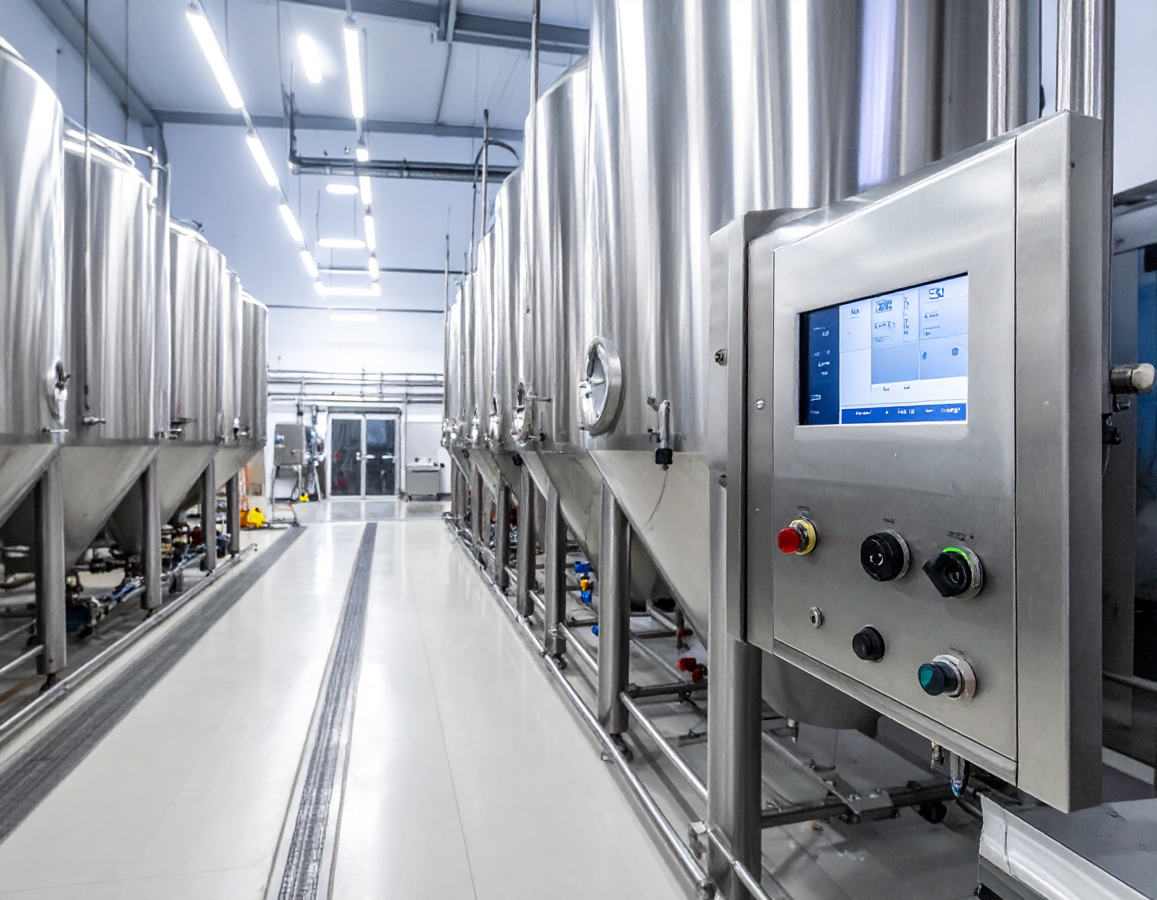 Modern brewery with stainless steel fermentation tanks